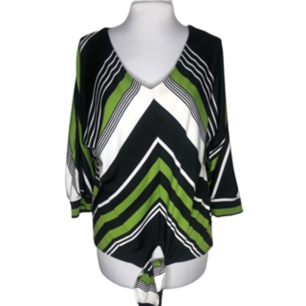 No Brand Label Striped V-Neck 3/4 Sleeve Front Bottom Tie Top Size L